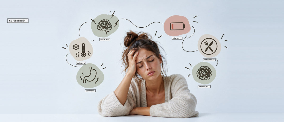 KI generierte Illustration einer erschöpften Frau mit Symbolen für typische Begleiterscheinungen einer Saftkur.