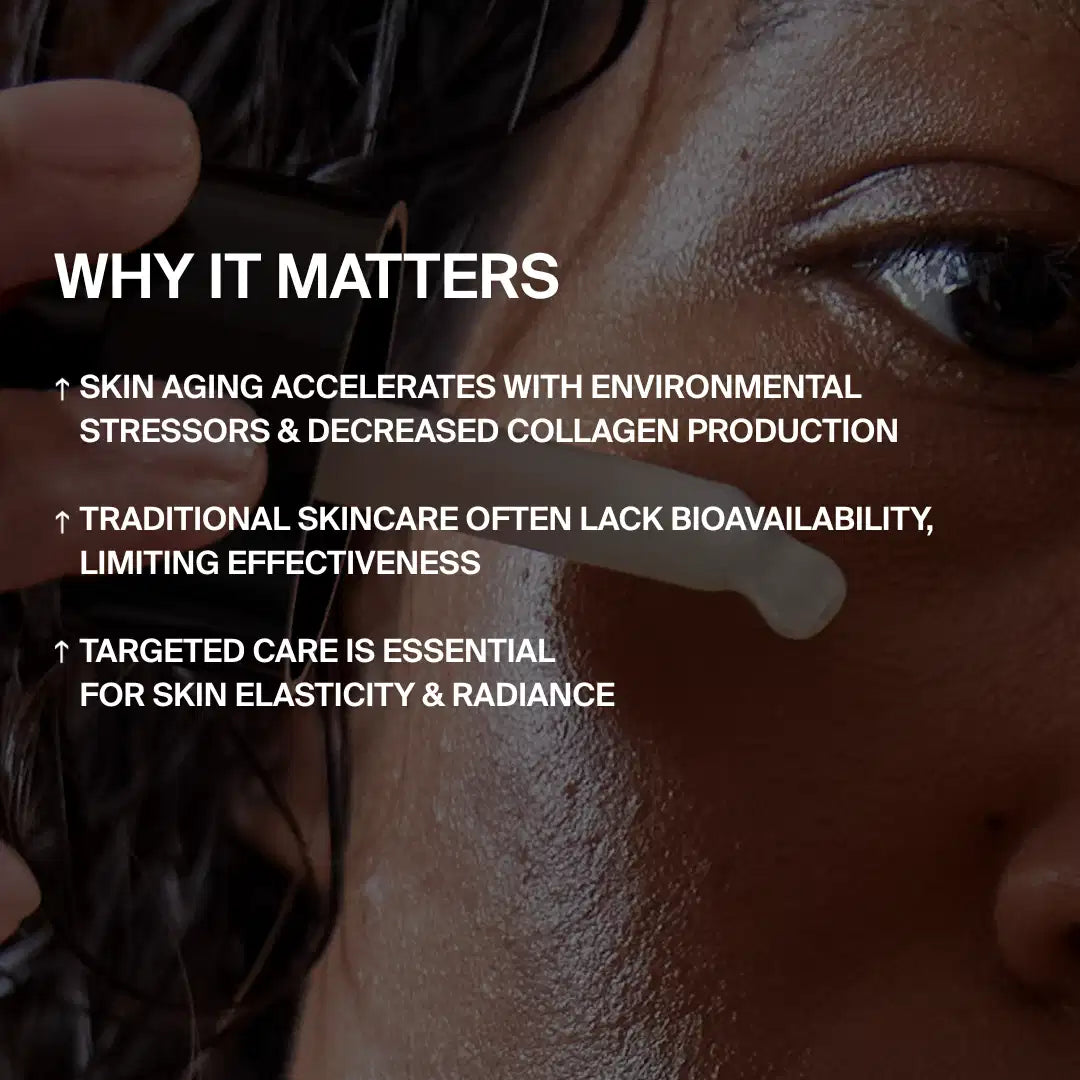 Nahaufnahme einer Person, die das Serum ANTI AGING ESSENTIAL ROUTINE von DALUMA mit einer Pipette aufträgt. Der eingeblendete Text hebt die Rolle der Hautpflege bei der Bekämpfung von Umweltstress und Kollagenverlust hervor und unterstützt die Elastizität und Ausstrahlung der Haut.