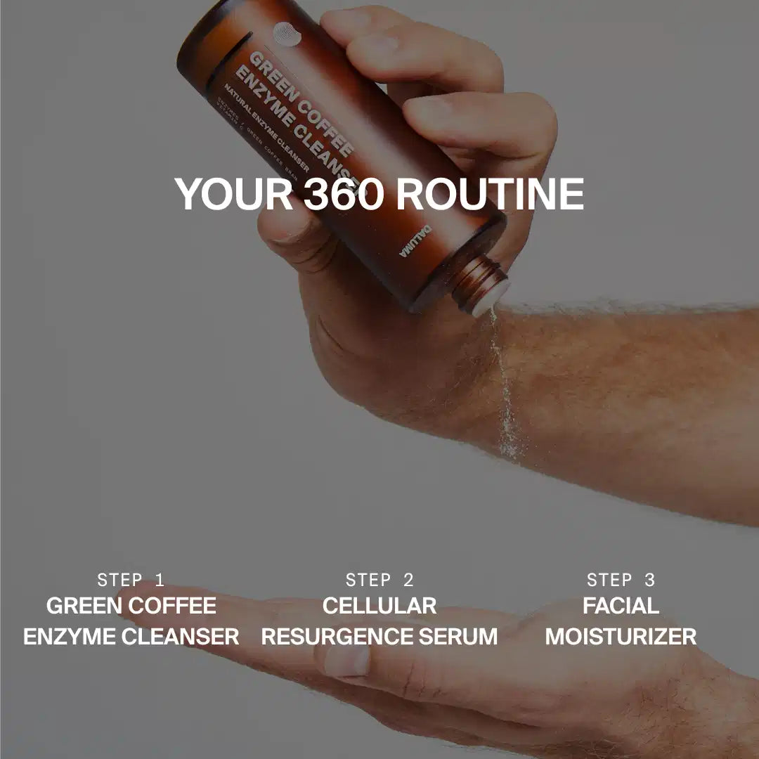 Eine Person gießt DALUMA Green Coffee Enzyme Cleanser in ihre Handfläche. Überlagerter Text: ANTI AGING ESSENTIAL ROUTINE - Schritt 1 Green Coffee Enzyme Cleanser, Schritt 2 Cellular Resurgence Serum, Schritt 3 Facial Moisturizer.