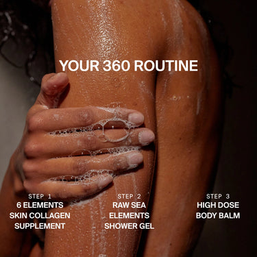 Eine Nahaufnahme von jemandem, der sich die Schulter mit schaumiger Seife wäscht, wirbt für BODY CARE DUO von Daluma-shop. Der Text lautet: Ihre 360-Routine.