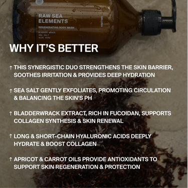 Eine Flasche Daluma-shop BODY CARE DUO Duschgel steht im Sand. Der Text daneben listet die Vorteile von Feuchtigkeit, Peeling, Kollagenunterstützung und Antioxidantienschutz auf. Darunter erscheint Seetang. Ideal für Ihre BODY CARE DUO-Routine.