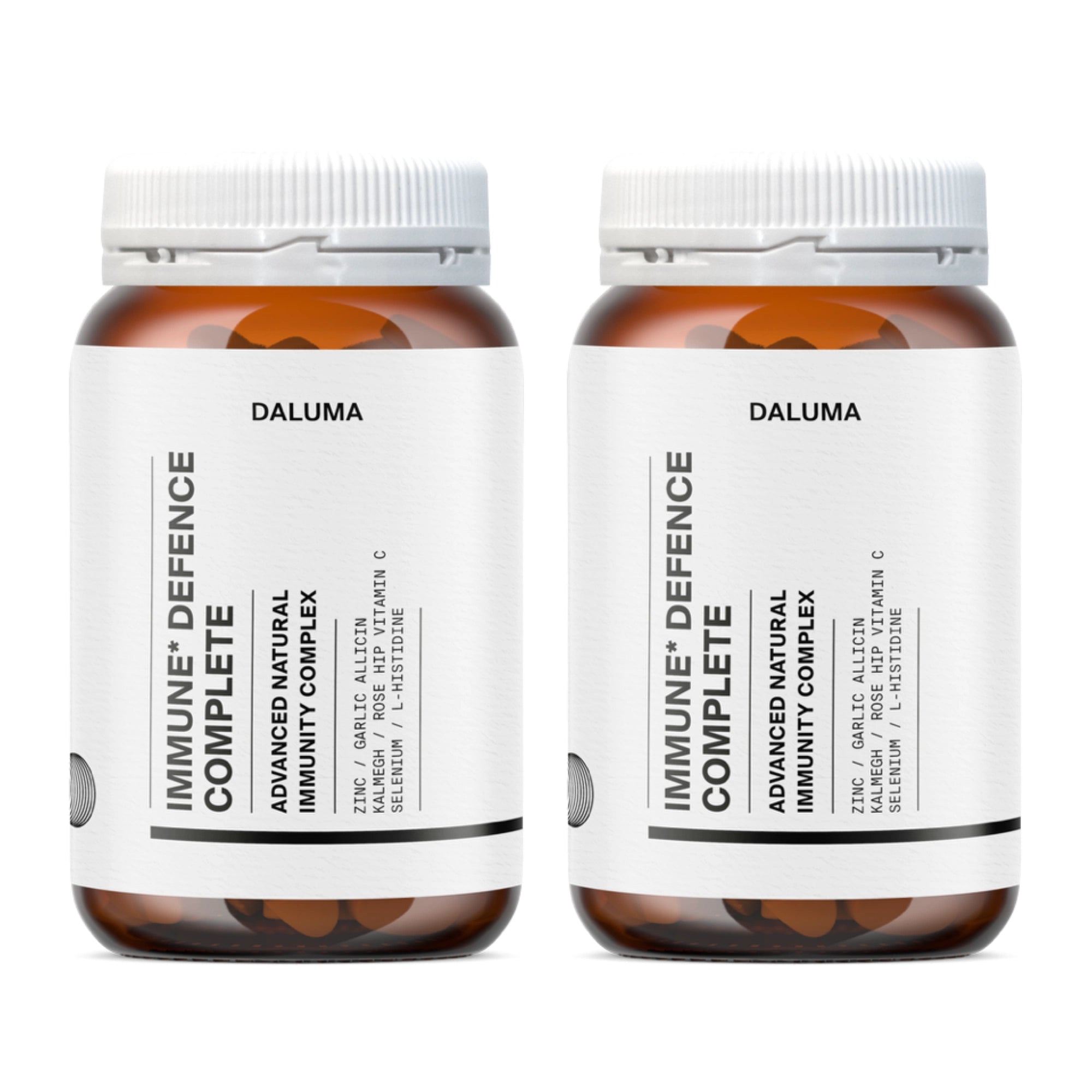 Zwei braune Nahrungsergänzungsflaschen mit weißen Etiketten und Verschlüssen, beschriftet mit 