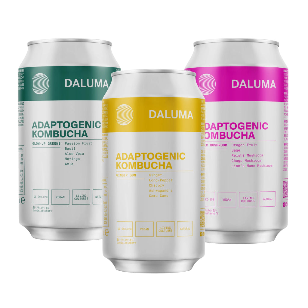 Drei Dosen DALUMA's RAW KOMBUCHA DISCOVERY SET in grün, gelb und rosa, jede mit ihrem einzigartigen Geschmack, ihren Zutaten und probiotischen Kulturen für die Darmgesundheit, mit einem klaren, minimalistischen Design und farbigen Akzenten.