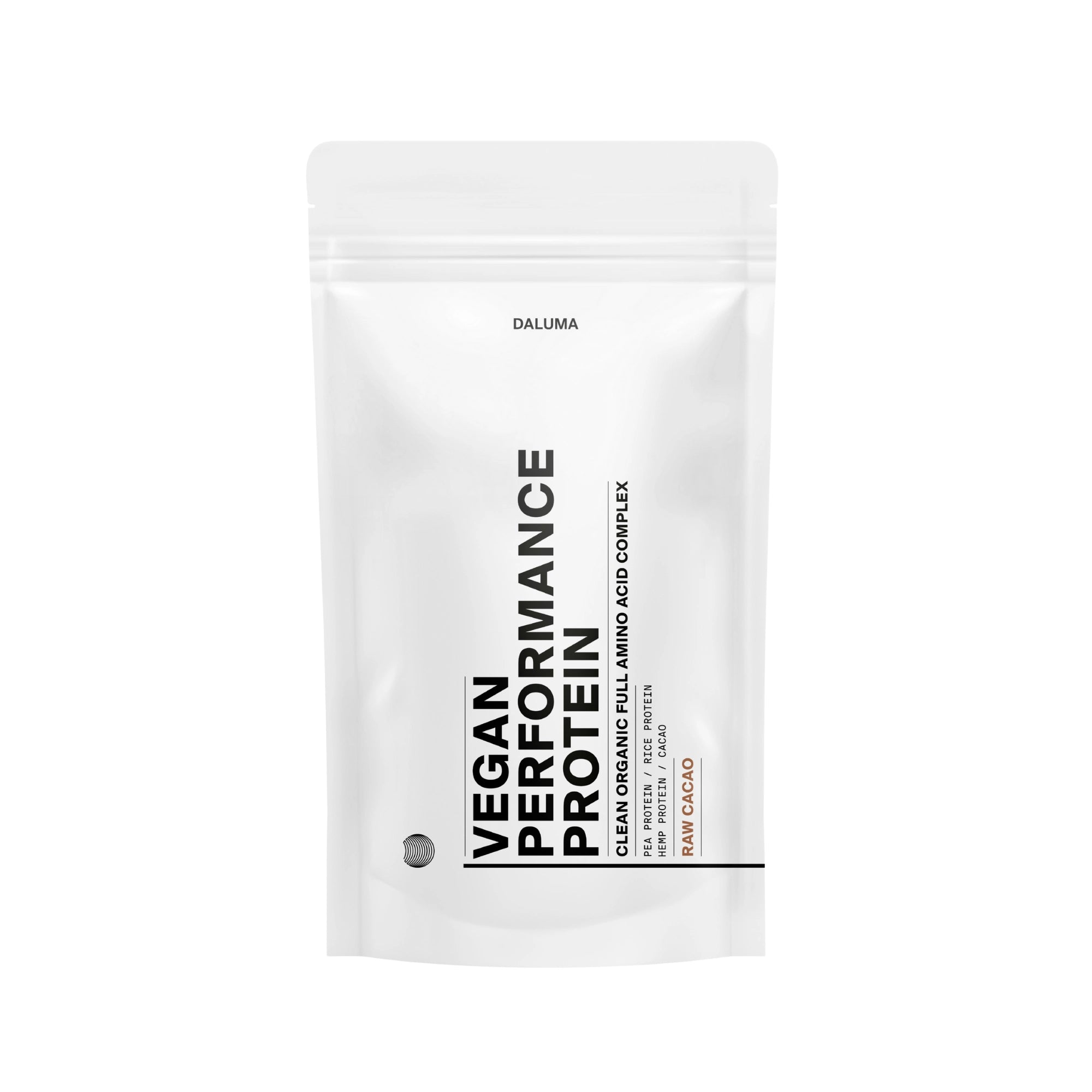 Ein weißer, wiederverschließbarer Beutel mit der Aufschrift VEGANES PERFORMANCE PROTEIN KAKAO