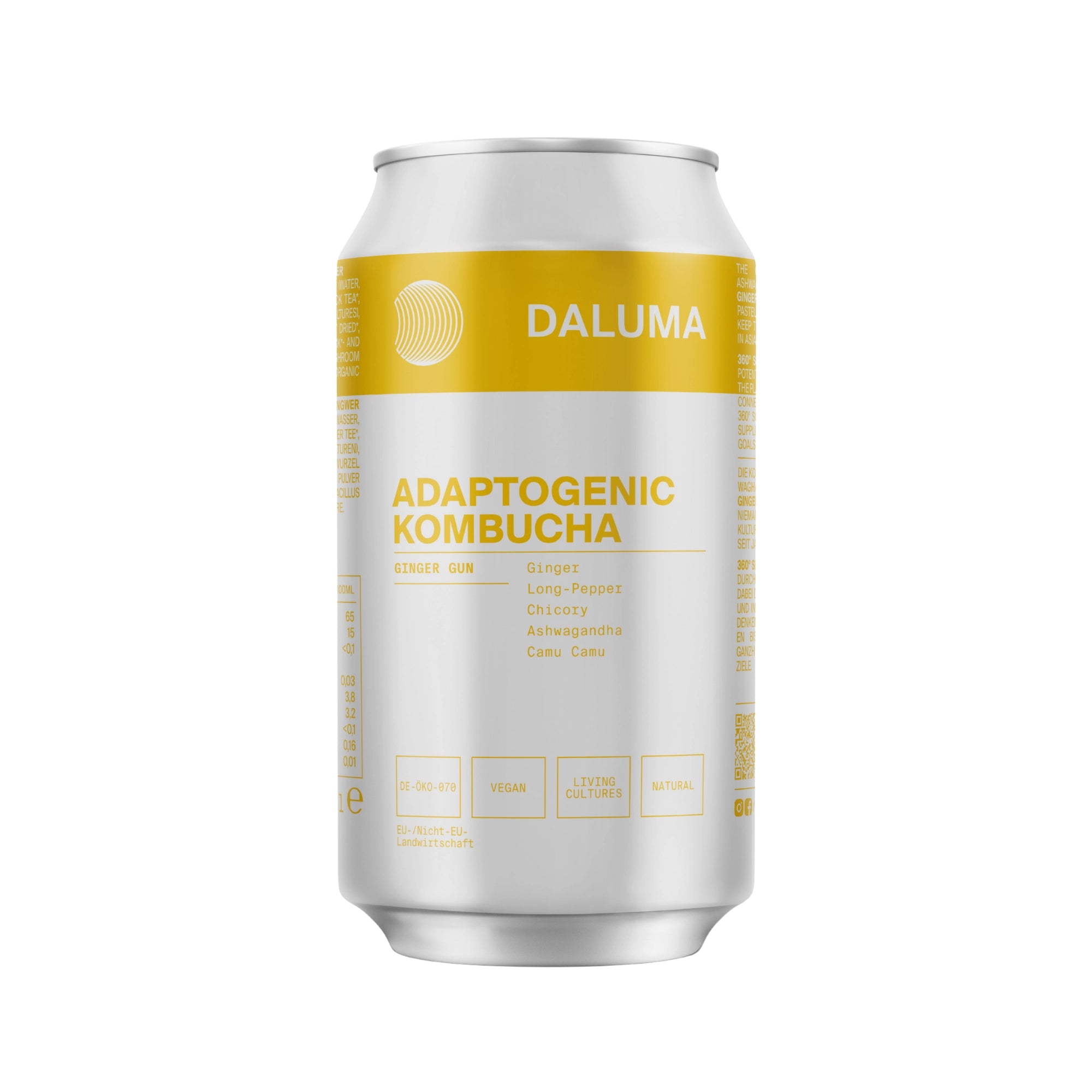 Auf einer silbernen Dose mit gelb-weißem Etikett steht DALUMA GINGER GUN INGWER KOMBUCHA. Dieses vegane, zuckerarme Getränk enthält probiotische Kulturen und lebende Kulturen, mit Ingwer, langem Pfeffer, Zichorie, Ashwagandha und Camu Camu.