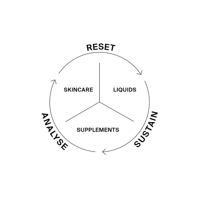Ein Kreisdiagramm mit drei Hauptabschnitten: Hautpflege, Flüssigkeiten und Nahrungsergänzungsmittel. Pfeile verbinden den äußeren Kreis mit den Bezeichnungen "Reset", "Sustain" und "Analyse" und zeigen einen kontinuierlichen Zyklus.