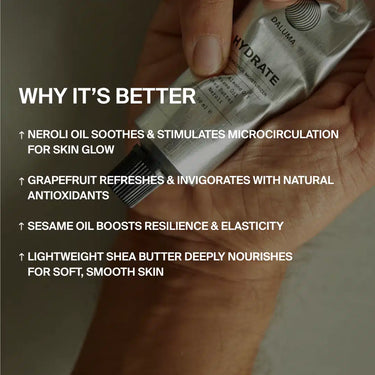 Eine Hand hält eine silberne Tube mit DALUMA FACIAL MOISTURIZER GESICHTSPFLEGE. Der Text hebt die Vorteile hervor: Beruhigung, Kräftigung, Spannkraft, natürliche Feuchtigkeit - geeignet für jeden Hauttyp und tiefenwirksame Pflege.