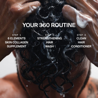 Nahaufnahme einer Person, die ihr lockiges Haar mit HAIR CARE DUO von Daluma-shop wäscht. Der eingeblendete Text zeigt eine 3-Schritt-Routine: Hautkollagen-Ergänzung, HAIR CARE DUO Waschung für Wachstum und saubere, vegane Spülung.