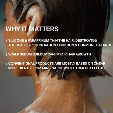 Nahaufnahme von nassem Haar von hinten, mit Textüberlagerung: DALUMA STRENGTHENING HAIR WASH FEUCHTIGKEITSSHAMPOO - frei von Silikonen, Paraffin, Talgablagerungen und Mineralöl - für gesünderes Haar und Kopfhaut.