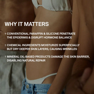 Nahaufnahme des Mittelteils von Badeanzügen mit einem Text, der erklärt, warum bestimmte Inhaltsstoffe der Haut schaden, und der DALUMA HIGH DOSE STRAFFENDE BODYLOTION mit Hyaluronsäure gegenüber Produkten mit Paraffin, Silikon oder Mineralöl empfiehlt.