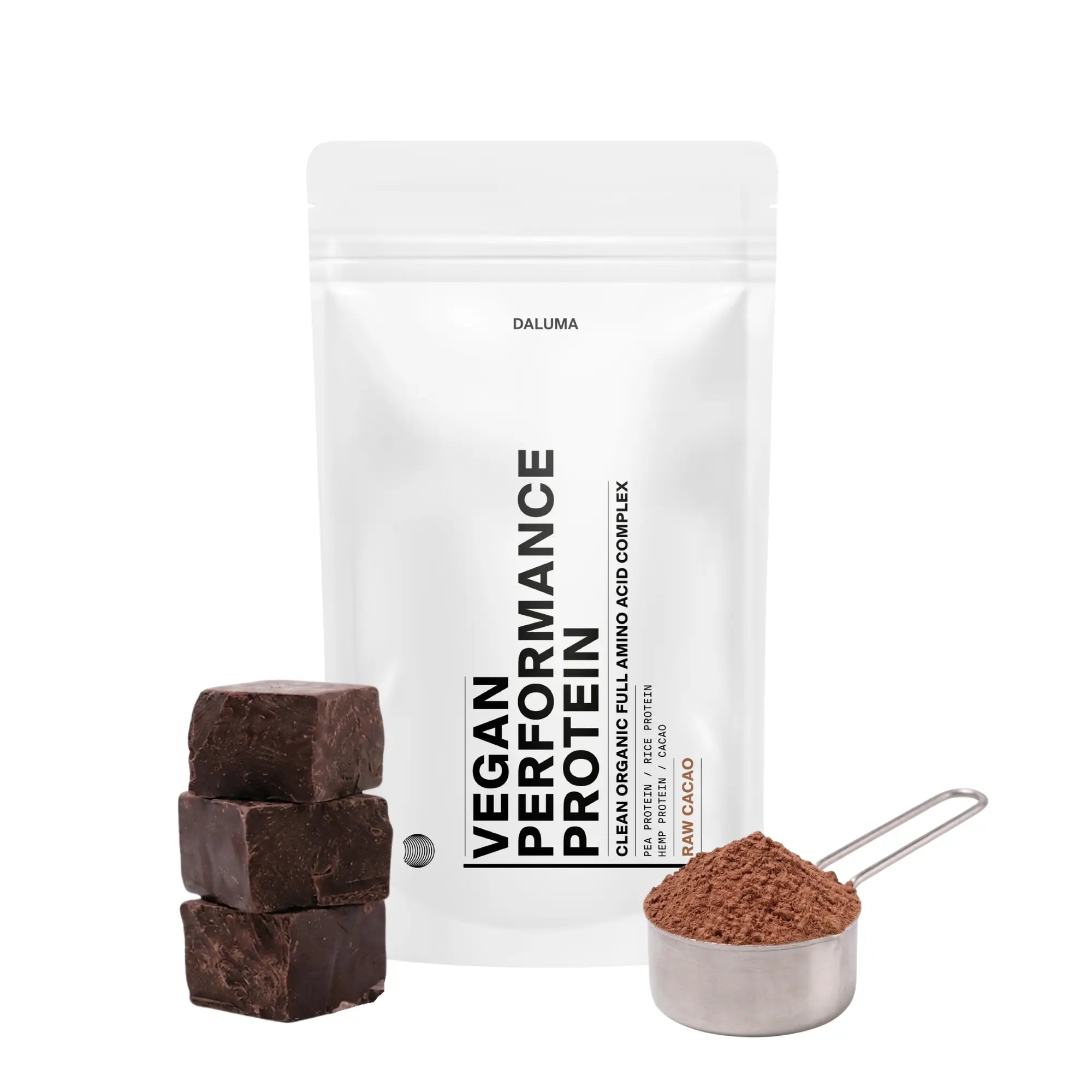 Ein weißer, wiederverschließbarer Beutel mit der Aufschrift VEGANES PERFORMANCE PROTEIN KAKAO