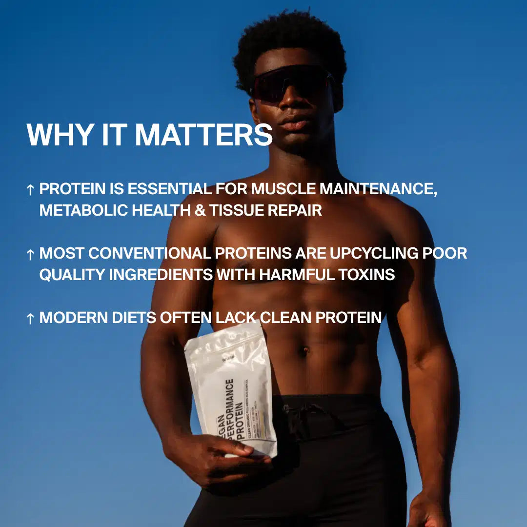 Ein fitter Mann mit Sonnenbrille hält einen DALUMA VEGAN PERFORMANCE PROTEIN STARTER PACK-Beutel vor einem blauen Himmel. Der Text hebt pflanzliches Protein und optimales Aminosäureprofil für Muskelaufbau und gesunde Ernährung hervor.