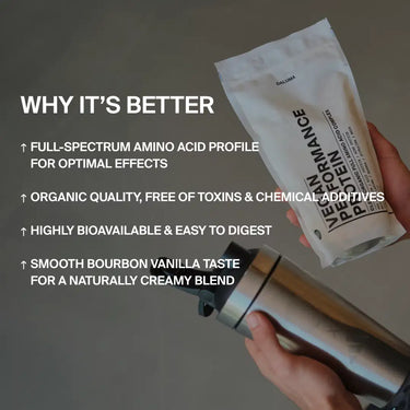 Eine Person hält eine DALUMA VEGANES PERFORMANCE PROTEIN VANILLE in der einen Hand und einen Edelstahl-Shaker in der anderen. Der Text hebt die Vollspektrum-Aminosäuren, die Bioqualität, die hohe Bioverfügbarkeit und den natürlichen Vanille-Geschmack hervor.