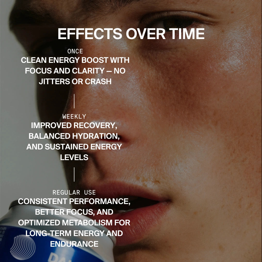 Nahaufnahme einer Person, die das DALUMA CLEAN BCAA ENERGY DRINK trinkt, mit eingeblendetem Text: sauberer Energieschub, verbesserte Erholung und Flüssigkeitszufuhr durch vegane BCAAs und konstante Leistung.