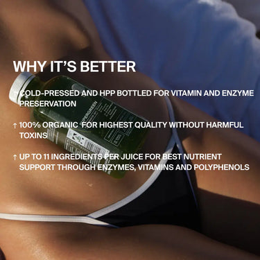 Eine Person im Badeanzug hält den SUPERGREEN GREEN JUICE 6 PACK von DALUMA, einen kaltgepressten, in HPP-Flaschen abgefüllten Saft aus 100 % biologischem Anbau mit bis zu 11 Grünsorten für eine starke Nährstoffversorgung.