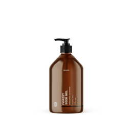 Eine minimalistische braune Pumpflasche mit der Aufschrift DALUMA FOREST SEED GEL HAND WASH steht vor einem weißen Hintergrund, mit einem schwarzen Pumpverschluss und weißem Text, der die natürlichen Inhaltsstoffe für eine sanfte Hautpflege hervorhebt.