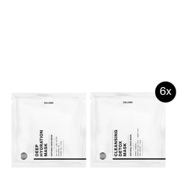 Zwei DALUMA 2x MASK BUNDLE-Pakete - Deep Hydration Mask und Cleansing Detox Mask - sind nebeneinander abgebildet. Rechts oben überlagert ein schwarzer Kreis mit 